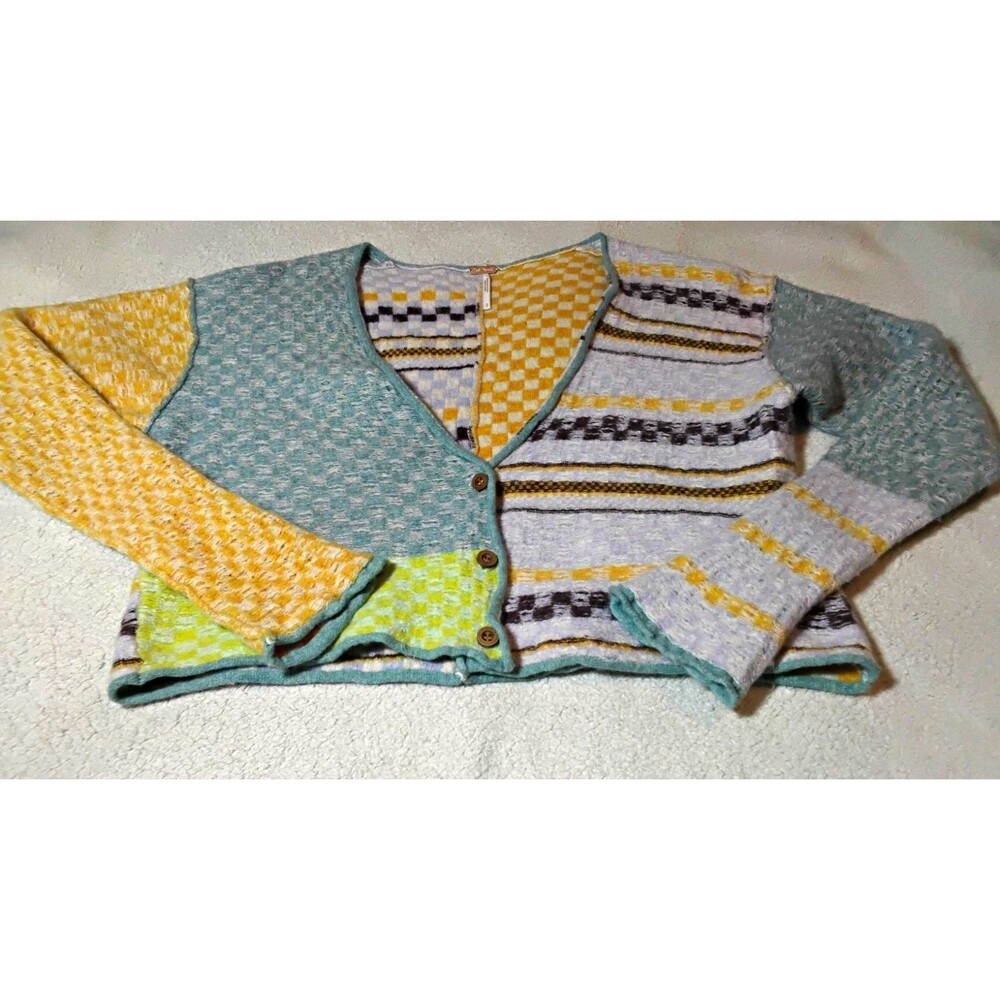 Free People Womens Multicolor Wool Check Knit V-Neck Button Cardigan Size Small